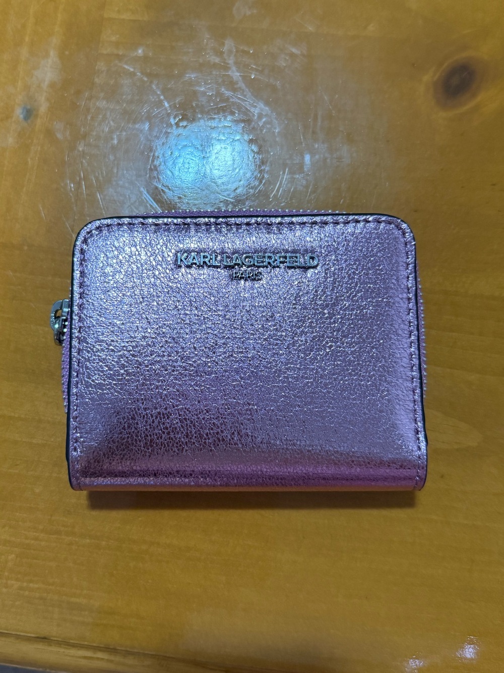 Karl Lagerfeld Metallic Rose Pink Zip Card Case